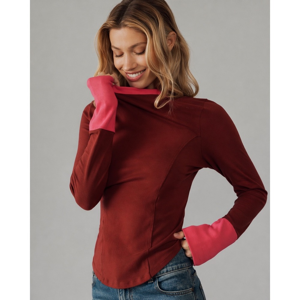 Maeve Top Contrast Ribbed Long Sleeve Wine Pink XL Barbiecore Anthropologie